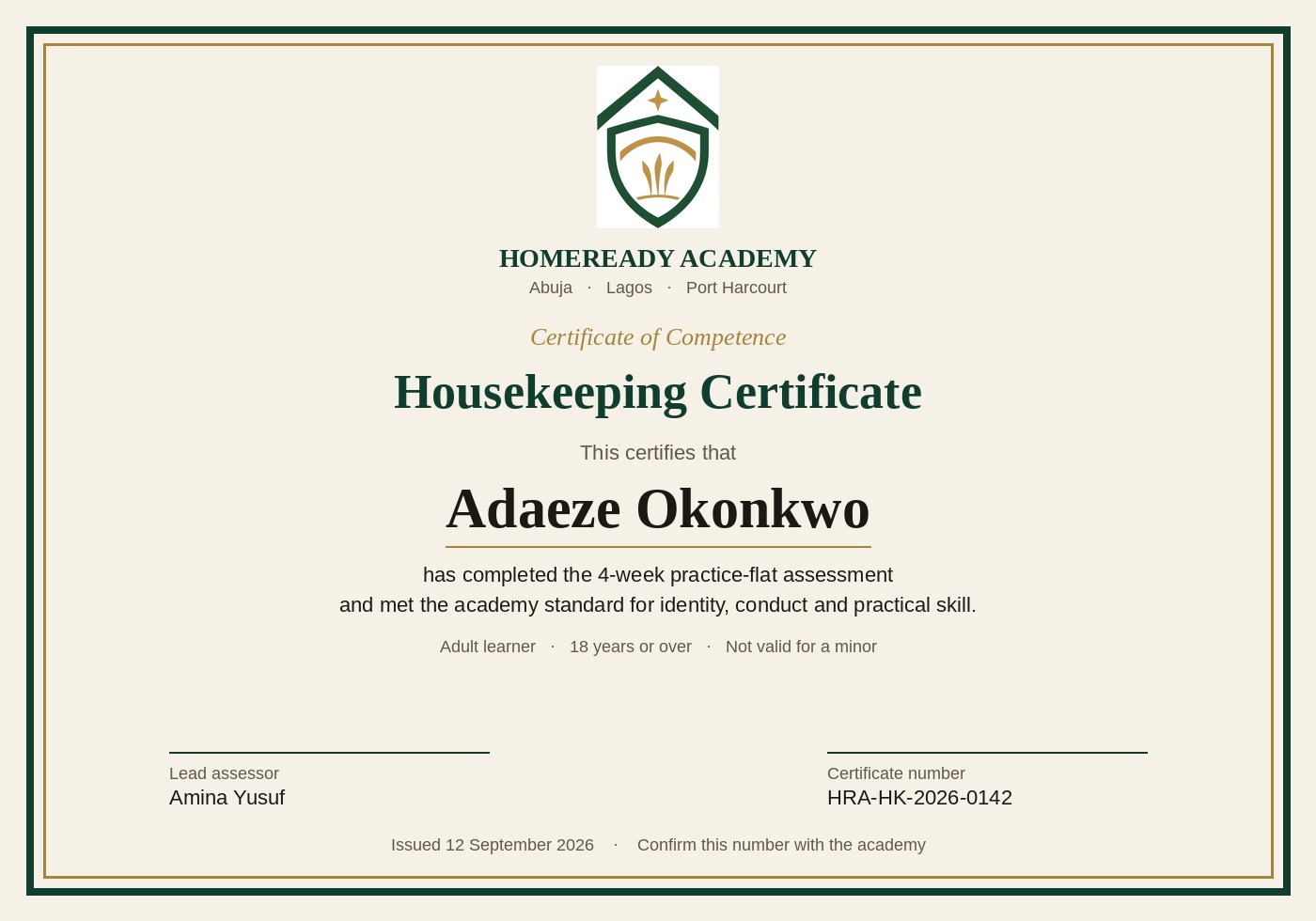 Housekeeping certificate for Adaeze Okonkwo, number HRA-HK-2026-0142